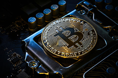 Bitcoin on a motherboard.