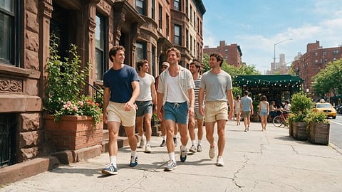 Men walking on a sidewalk