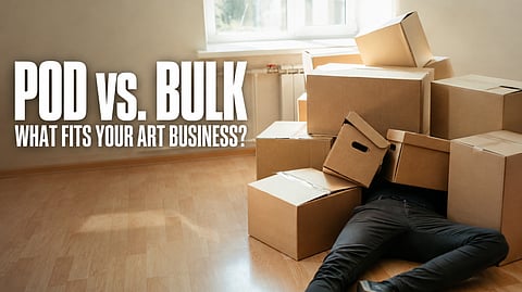 POD vs. bulk comparison showing a person overwhelmed by boxes of unsold inventory. 