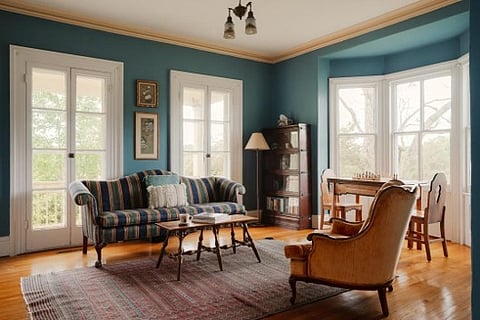 Blue living room with striped sofa.