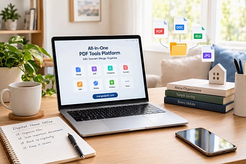 Laptop displaying a PDF tools platform on a desk.