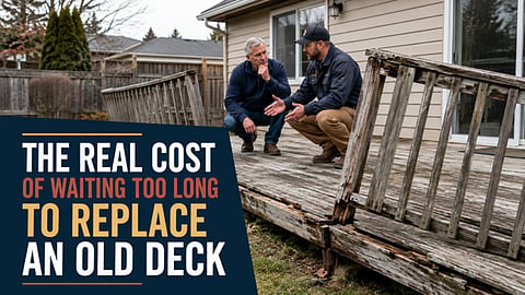 Two men inspecting a rotting wooden deck.