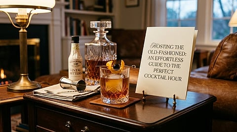 Old-Fashioned cocktail setup and sign.