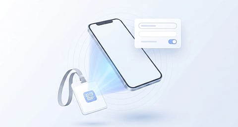 Smartphone scanning a QR code badge.