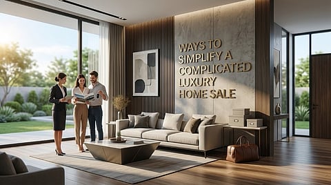 Agent and couple in a luxury living room.