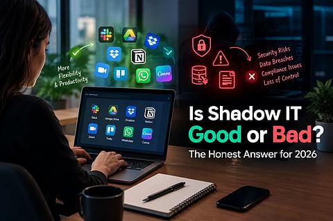 Is Shadow IT Good or Bad?" graphic with a person at a laptop.