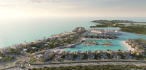 Aerial rendering of the South Bank resort and marina with the Arc building on the shoreline