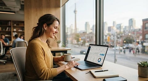 Woman working on a laptop by a city window.
