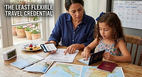 Woman and child reviewing passports.