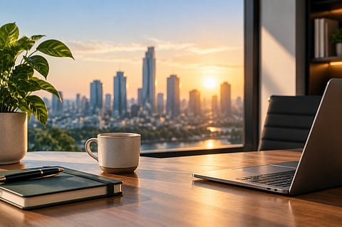 Office desk with laptop and city skyline view at sunset.