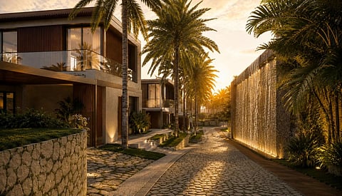 Tropical street with luxury villas and a waterfall wall at sunset.