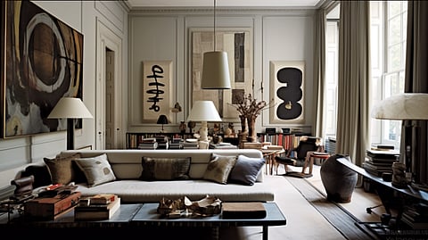 Modern living room with abstract art.