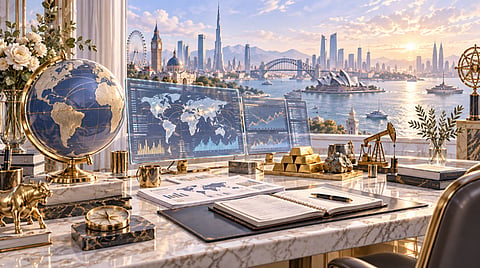 Trading desk with global skyline view.