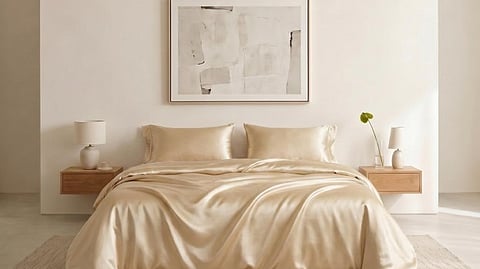 Bed with gold silk sheets.