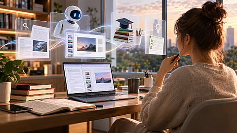 Woman at laptop with floating digital screens.