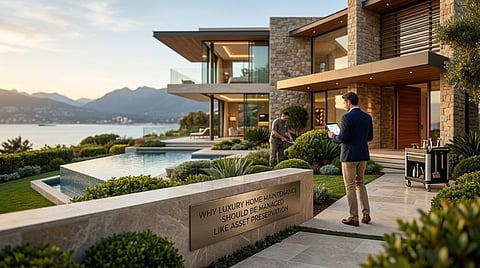 Workers maintaining a luxury waterfront home.