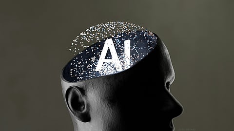 Open head silhouette containing glowing particles and AI text.