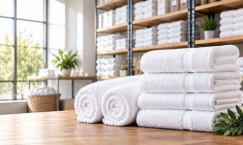 Stacked and rolled white towels.