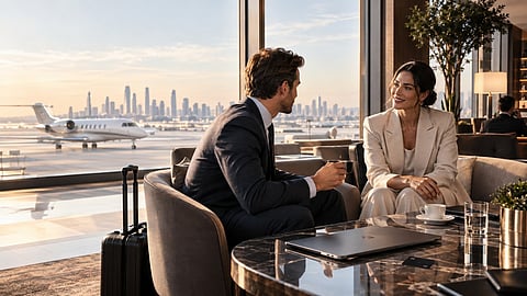 Businesspeople conversing in an airport lounge.