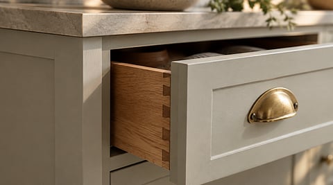 Partially open cabinet drawer showing dovetail joints.