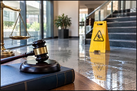 Gavel and wet floor sign.
