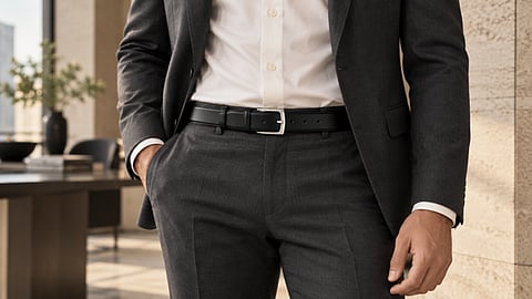 Man in a dark suit and black belt.