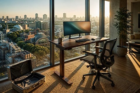Desk by a city window with an open suitcase.