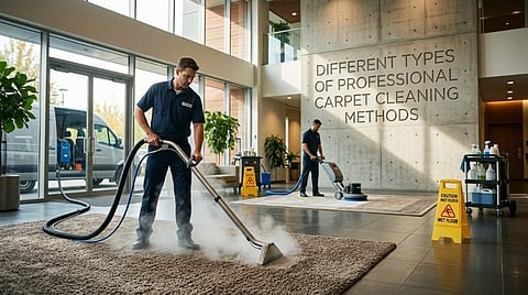 Two men cleaning carpets in a lobby