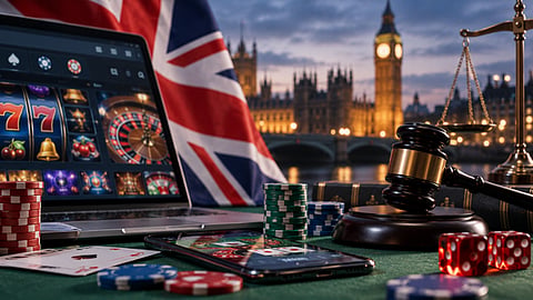 Online gambling with UK flag and gavel.