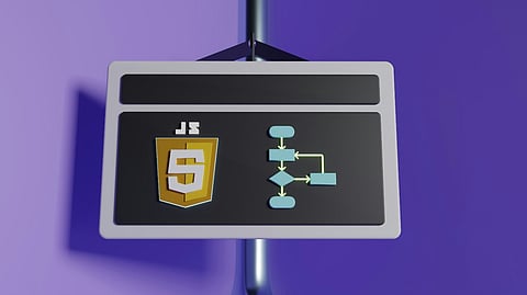 Hanging sign with JavaScript logo and flowchart.
