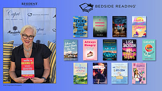 Bedside Reading founder Jane Ubell-Meyer holding her book beside 13 books