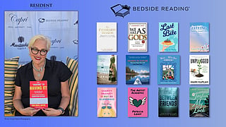 Bedside Reading founder Jane Ubell-Meyer holding her book beside the  Bedside Reading collection