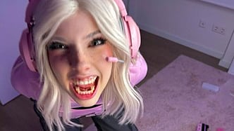 Woman wearing a pink cat-ear headset.