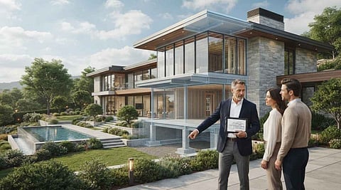 Architect showing 3D house model to couple