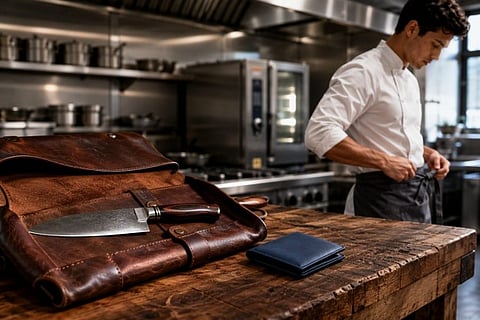 Chef's knife and leather bag on a kitchen table.