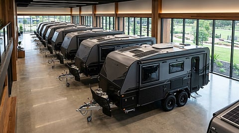 Row of grey caravans in a showroom.