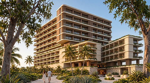Rendering of a terraced multi-story resort building with planted balconies