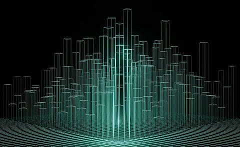 Glowing teal wireframe city.
