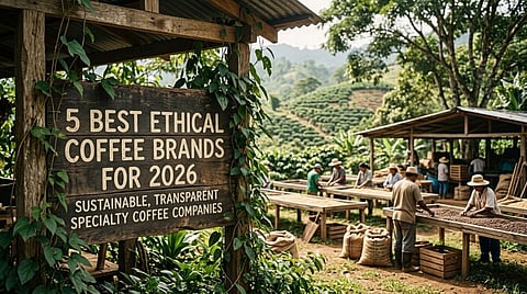 Ethical coffee brands sign at a coffee farm.   