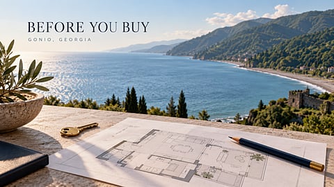 BEFORE YOU BUY GONIO, GEORGIA" above a floor plan and key overlooking a coastal mountain landscape.