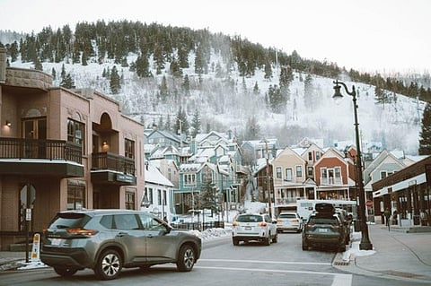 Snowy mountain town street.