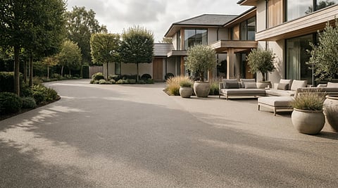Modern home exterior with a paved driveway and patio lounge area.