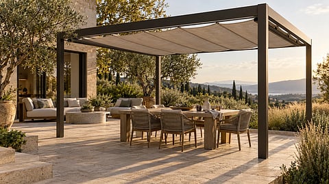 Outdoor dining table under a modern pergola.