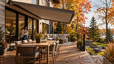 Patio with dining set and autumn foliage.