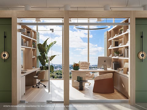 Rendering of a furnished private office with a desk, built-in shelving and floor-to-ceiling windows