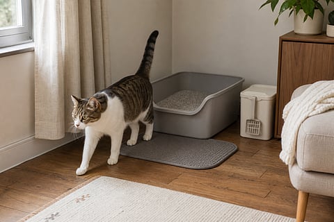 Cat near a litter box.