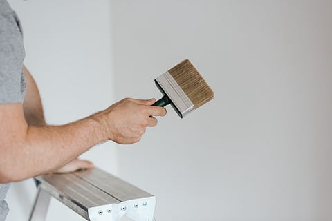 Person holding a paintbrush near a wall.