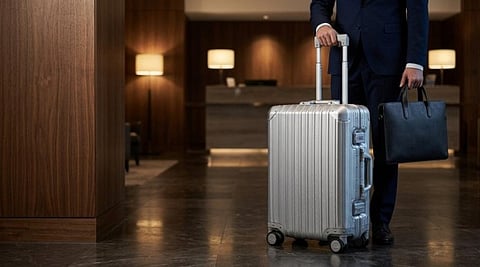 Man with a suitcase and briefcase in a hotel lobby.