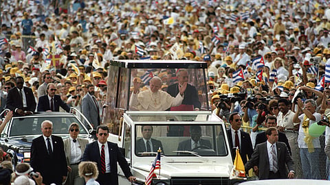Archival photograph of a large Miami crowd gathered for a papal visit