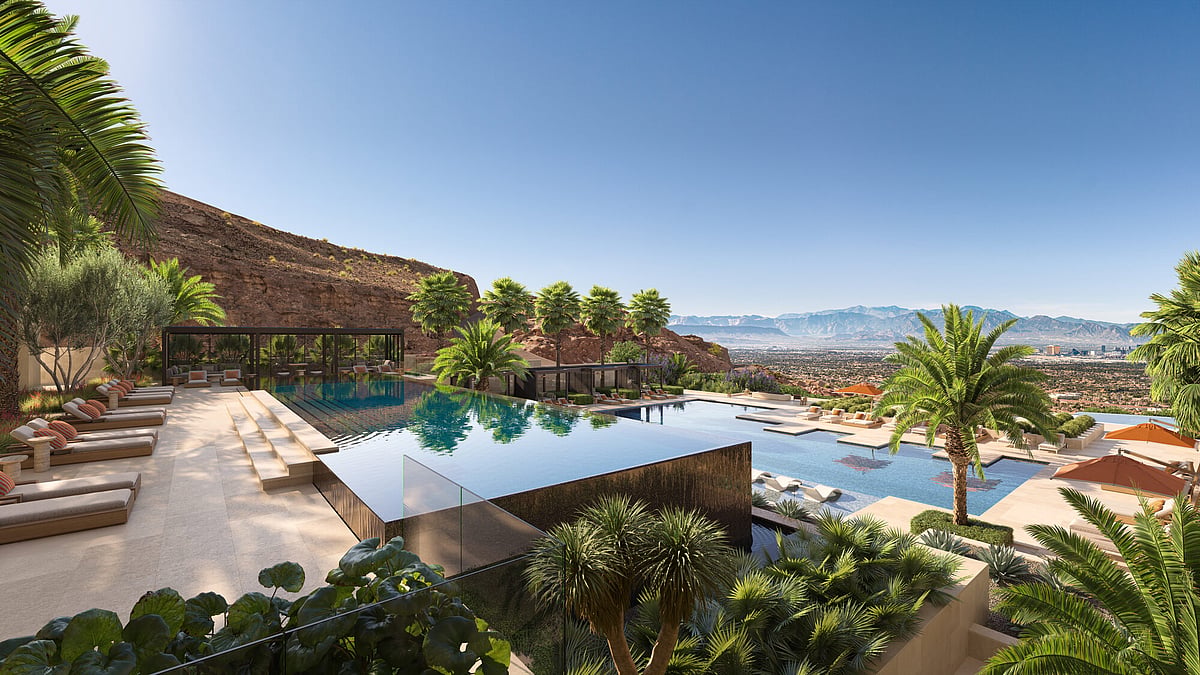 Rendering of the two Four Seasons Private Residences Las Vegas towers on the MacDonald Highlands hillside in Henderson